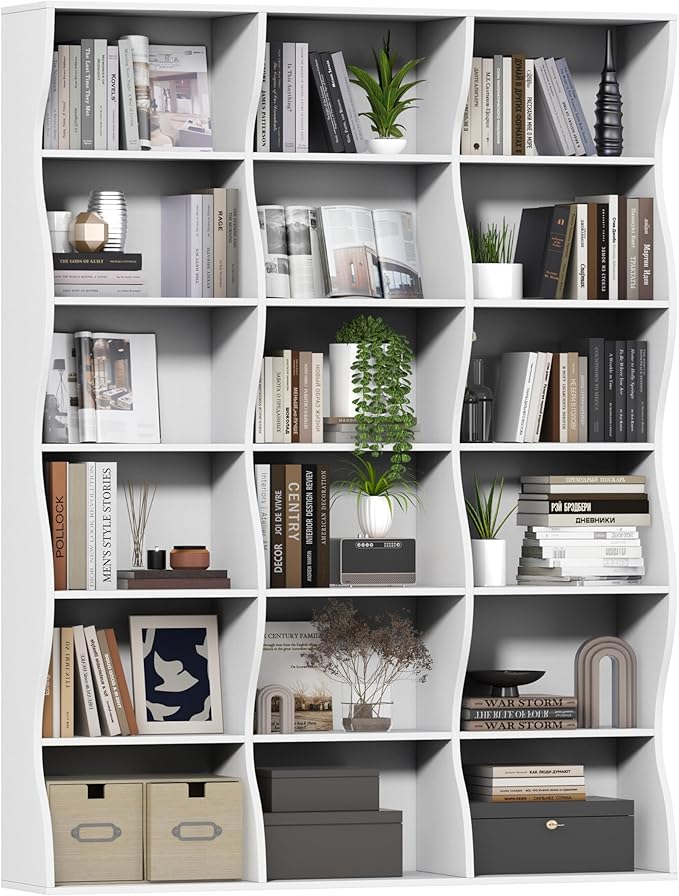 71" Triple Wide Bookshelf, 6 Tier Tall Bookcase with Storage, Large Book Shelves with 18 Open Display Shelves, White Bookcase for Living Room, Study, Home Office, Library (White)