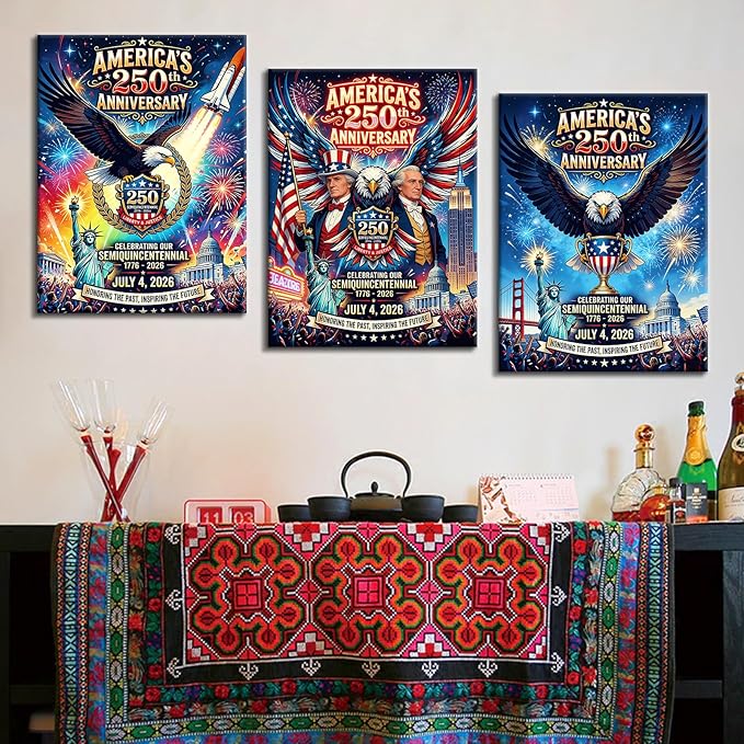 DINGFUN America's 250th Anniversary Wall Art 3 Piece Canvas Set, USA Semiquincentennial Patriotic Decor, 1776-2026 Independence Day Framed Poster for Office and Living Room, 36x16 Inch