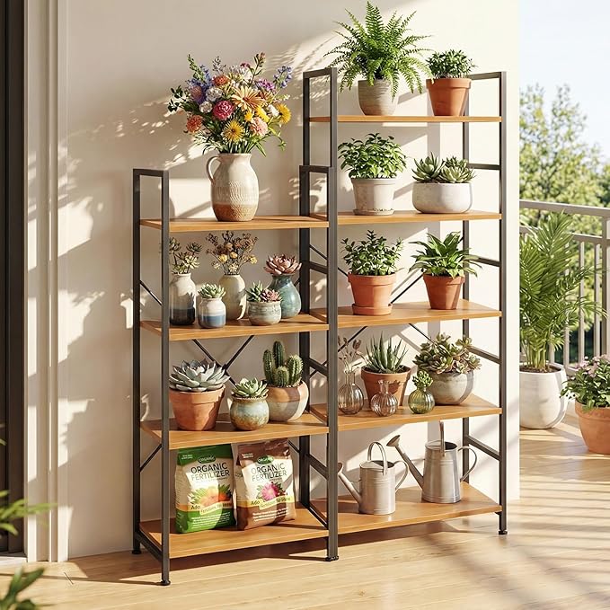 5 Tier Bookshelf, Free Standing Wooden Bookcase with Open Storage Shelves with Metal Frame, Sturdy Shelf Organization Display Rack for Living Room, Bedroom, Home Office, 62.2" Tall, Wood