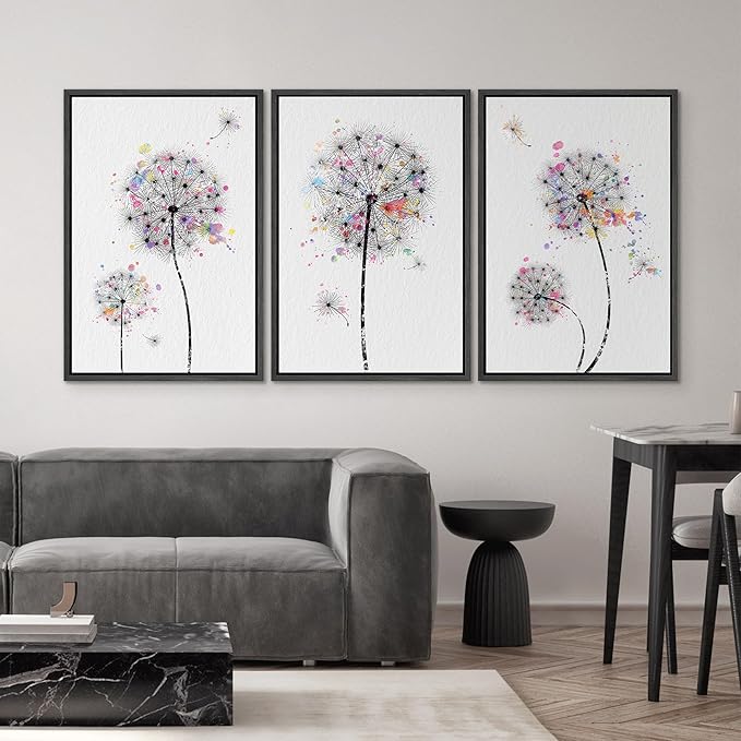 SIGNWIN Framed Canvas Print Wall Art Dandelions & Watercolor Dots Floral Wilderness Drawings Modern Art Rustic Closeup Multicolor Ultra for Living Room, Bedroom, Office - 24"x36"x3 Black