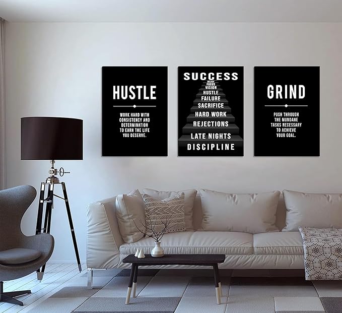 3Pcs Framed Black and White Inspirational Phrases Wall Art Stairway to Success Canvas Posters Prints Never Give Up Pictures Paintings Office Wall Decor for Home Gym Workplace