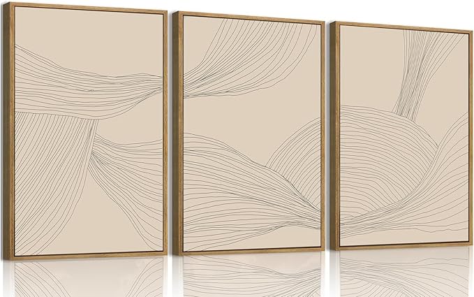 myusuar 3 Piece Large Modern Abstract Canvas Framed Wall Art For Living Room, Beige Minimalist Wall Art Decor Posters Prints For Bedroom Office, 12x16in