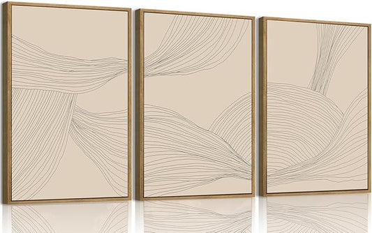 myusuar 3 Piece Large Modern Abstract Canvas Framed Wall Art For Living Room, Beige Minimalist Wall Art Decor Posters Prints For Bedroom Office, 12x16in
