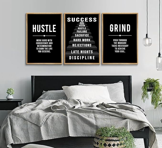 3Pcs Black and White Inspirational Phrases Wall Art Stairway to Success Canvas Posters Prints Never Give Up Pictures Paintings Office Wall Decor for Home Gym Workplace Unframed