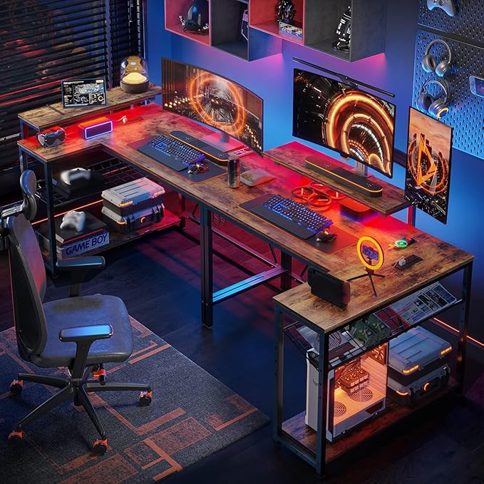 Bestier Gaming Desk with Power Outlets, 42" L-Shaped Gaming Desk with LED Lights, Desk with Reversible Storage Shelves & Hooks for Small Spaces, Bedrooms & Offices,Rustic Brown