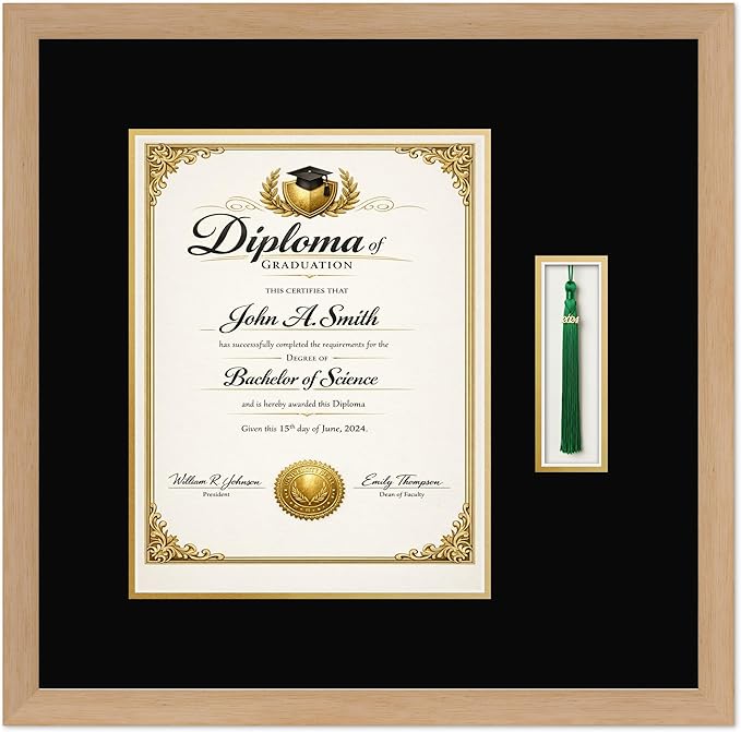 CountryArtHouse Diploma and Tassel Frame Fits 10 x 13 College Diploma (Portrait Traditional) Wi Natural Wood Genuine Hardwood Shadowbox with Black Over Metallic Gold Double mat