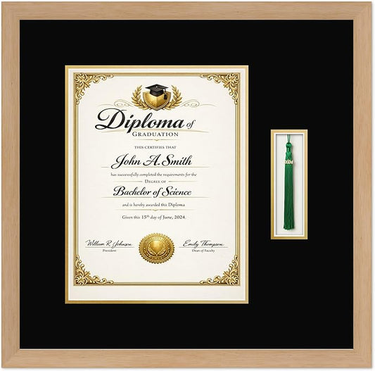 CountryArtHouse Diploma and Tassel Frame Fits 10 x 13 College Diploma (Portrait Traditional) Wi Natural Wood Genuine Hardwood Shadowbox with Black Over Metallic Gold Double mat