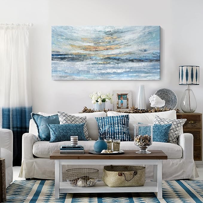 Extra Large Framed Wall Art for Living Room Light Blue Huge Canvas Print Modern Ocean Skyline and Sunset Wall Picture Coastal Themed Seaside Sea Artwork for Home Bedroom Décor 58x29inch Décor