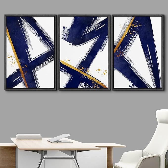 IDEA4WALL Framed Canvas Print Wall Art Set Blue Gold Geometric Graffiti Paint Stripes Abstract Shapes Illustrations Modern Art Contemporary for Living Room, Bedroom, Office - 16"x24"x3 Black