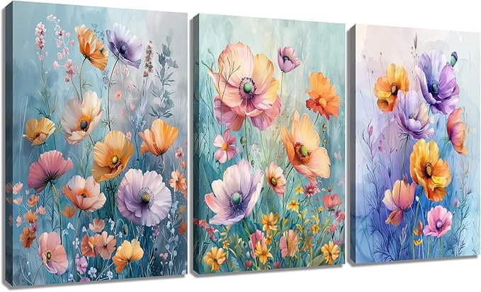 Flower Canvas Print Wall Art Home Decor Modern Colorful Wildflowers Large Size Posters Plant Theme Picture Painting Artwork for Living Room Gym Office Wall Decoration Ready to Hang [72''W x 36''H]