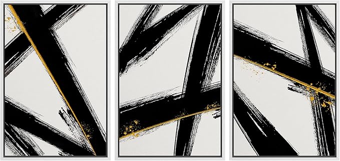IDEA4WALL Framed Canvas Print Wall Art Set Black Gold Geometric Graffiti Paint Stripes Abstract Shapes Illustrations Modern Art Contemporary for Living Room, Bedroom, Office - 16"x24"x3 White