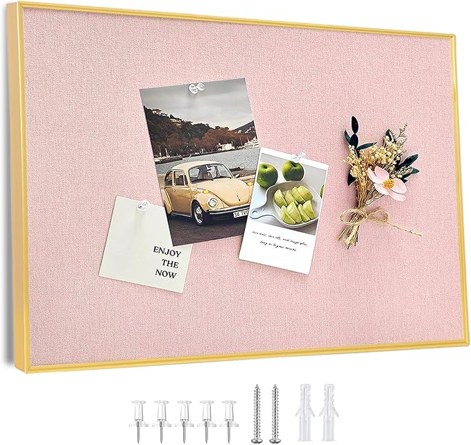 Bulletin Board with Golden Aluminum Frame, Pink Fabric Cork Board for Walls, 17 x 13 inches Pin Board with Push Pins for Office Home(G-AL,PK,4333)