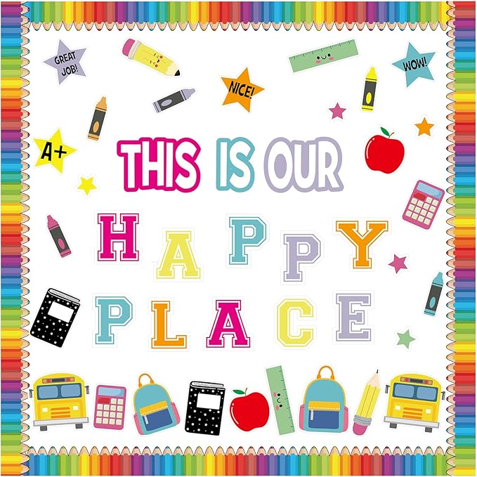 This is Our Happy Place Classroom Decor Welcome Back to School Bulletin Board Set DIY Paper Die Cuts Decorating Supplies for First Day of School Craft Classroom Wall Decor