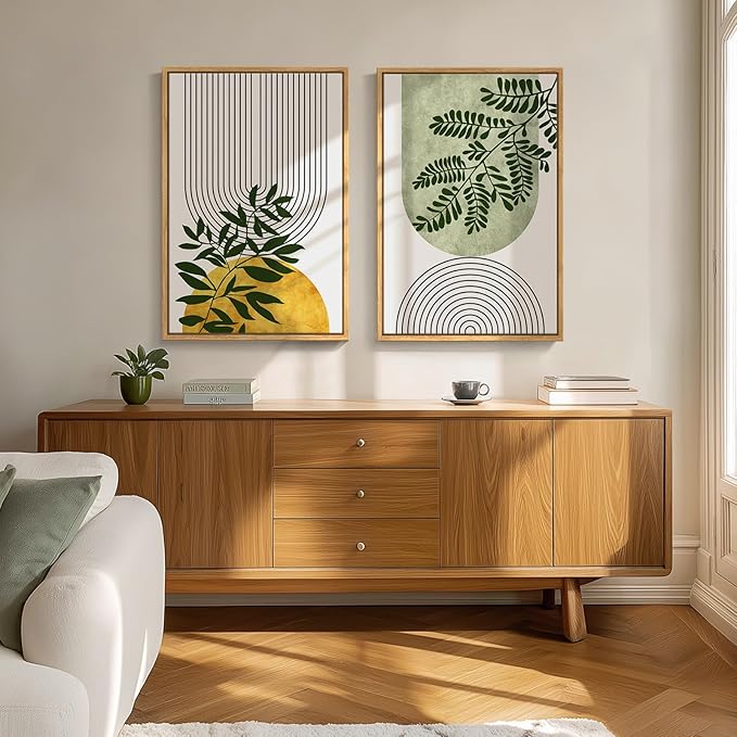 Framed Green Boho Wall Art Set of 2 for Living Room, Large Abstract Bohemian Geometric Botanical Artwork for Walls, Mid Century Modern Canvas Painting Print Wall Decor for Bedroom Office, 20x30 Inch
