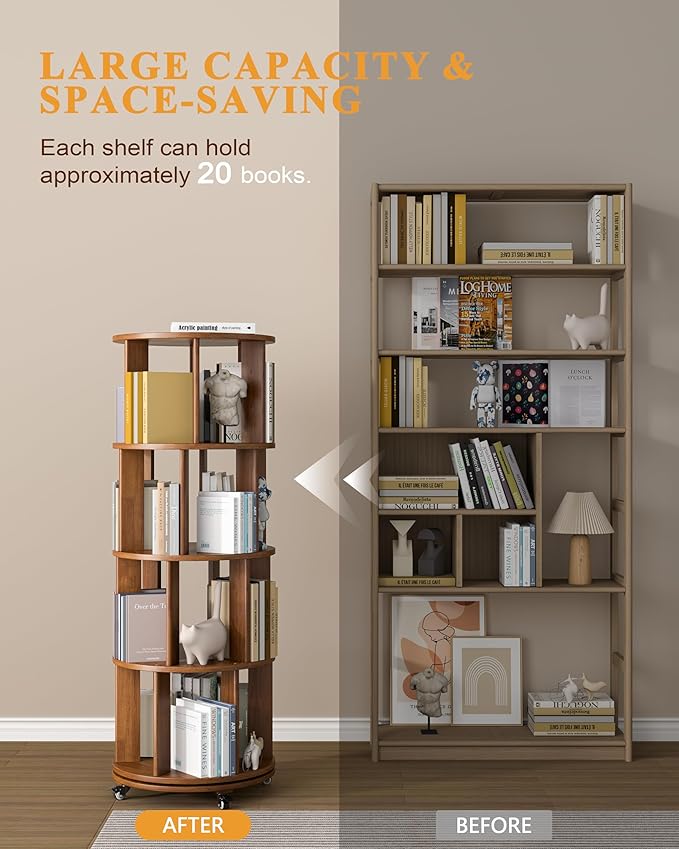 Rotating Bookshelf, 4 Tier Solid Wood Bookshelf Tower with Lockable Wheels, 360° Spinning Revolving Bookcase for Small Spaces, Corners, Bedroom, Kids Room, Home Office, Walnut