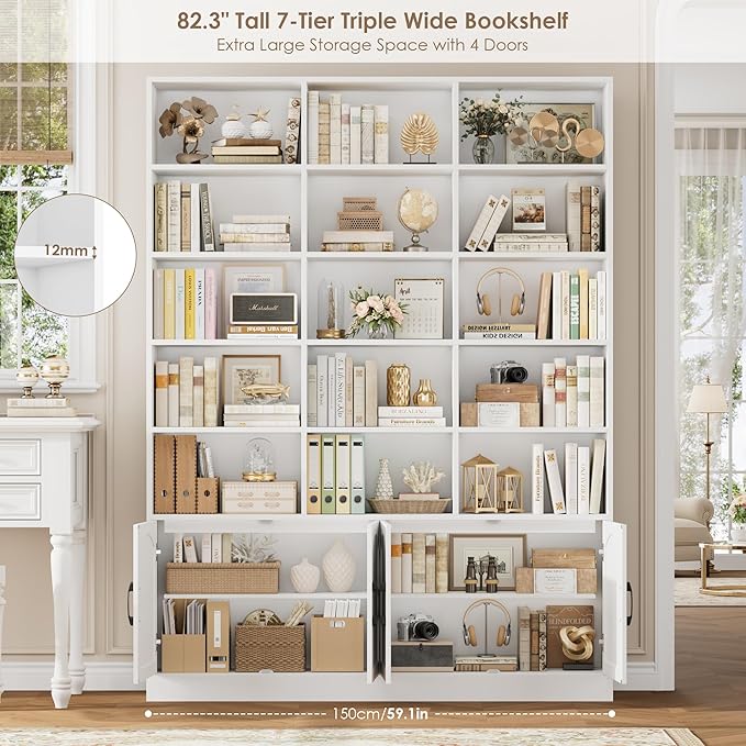 FACBOTALL 82.3" Triple Wide Bookshelf, 7-Tier Tall Bookcase with 15-Cube Open Bookshelf & 4 Doors, Large Bookshelf with Storage Cabinet, Modern Bookshelf for Living Room, Office, Study Room, White