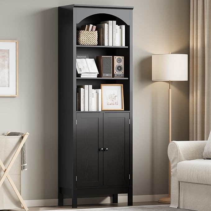 Bookshelf with Doors, 71" Tall Wood Book Shelf with Cabinet, 24" Wide Arched Bookcase with Adjustable Shelf, Floor Standing Display Storage Cabinet for Home Office, Study and Living Room, Modern Black