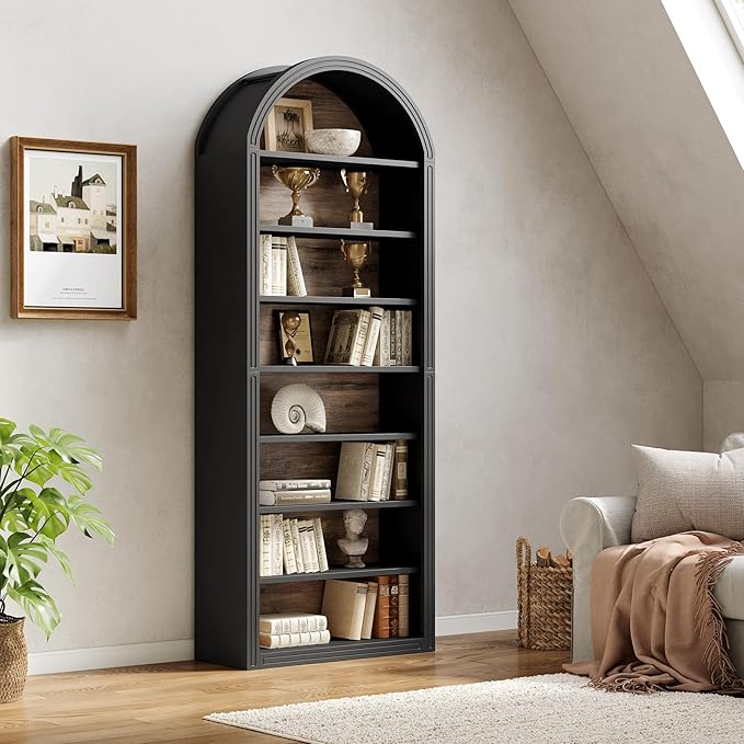 LITTLE TREE 8-Tier Bookcase, 78.7" Tall Bookshelf with Arched Top, Large Freestanding Wooden Open Bookcase Bookshelf, Modern Book Shelf Organizer for Living Room, Bedroom, Office, Library, Black Brown