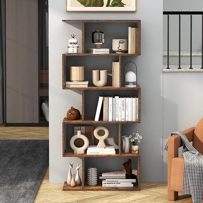 Tangkula 5-Tier Geometric Bookshelf, S Shaped Bookcase w/Anti-Toppling Device, Freestanding Room Divider, Industrial Wood Open Display Shelf for Living Room Home Office (2, Rustic Brown)