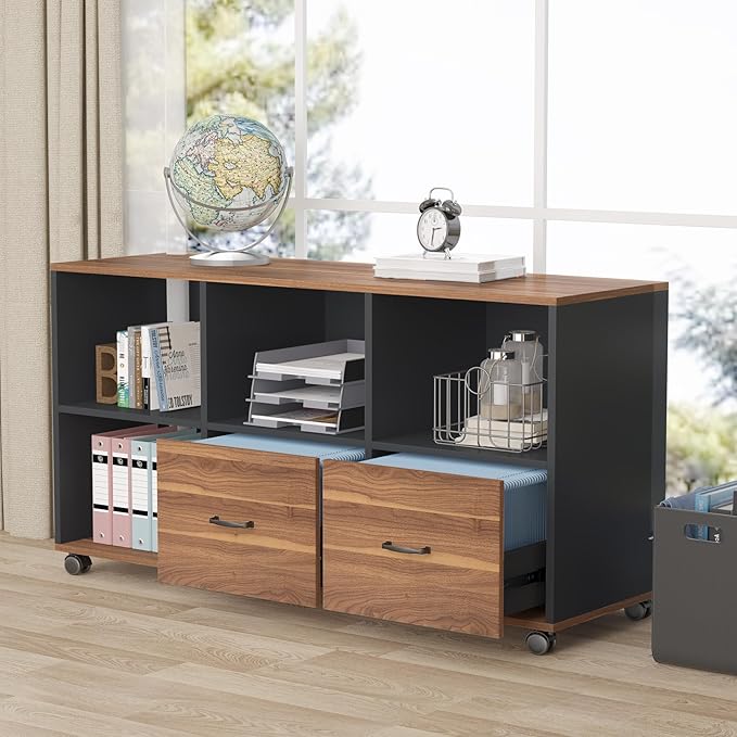 Tribesigns 2 Drawers Lateral File Cabinets, Home Office 47-inch Mobile Wood Filing Cabinet Printer Stand with Wheels and Open Storage Shelves,Drawers for Letter Size (Brown)