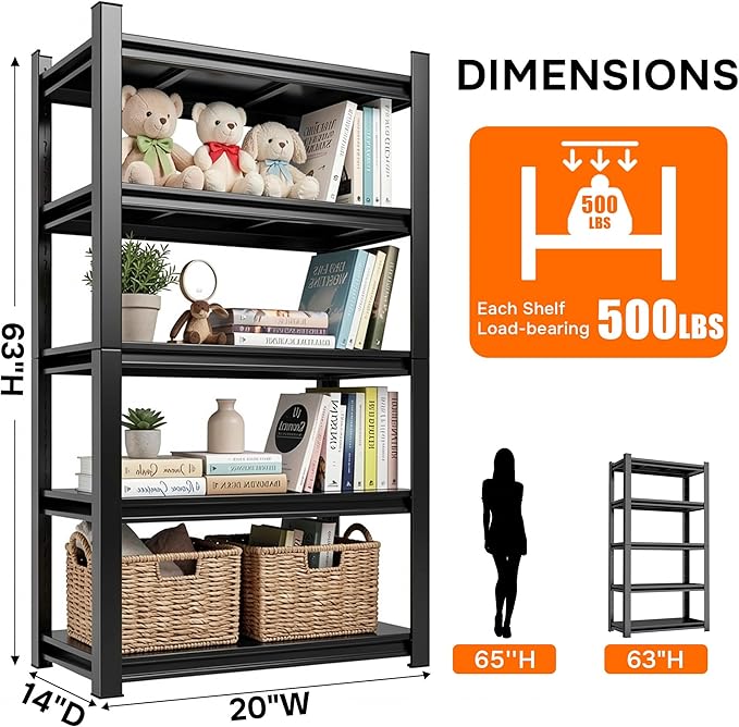5-Tier Metal Bookshelf, 63" H Tall Industrial Bookcase, Heavy Duty Storage Shelf for Books & Display. Adjustable Standing Book Shelf for Living Room, Bedroom, Office. Easy Tool-Free Assembly.