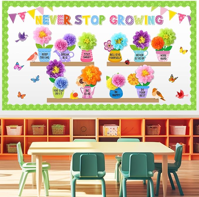 73 Pcs Flower Bulletin Board Decoration Set with 3D Paper Flower Never Stop Growing Classroom Decor Inspirational Bulletin Board Decor for Motivational Classroom School Home Chalkboard Wall