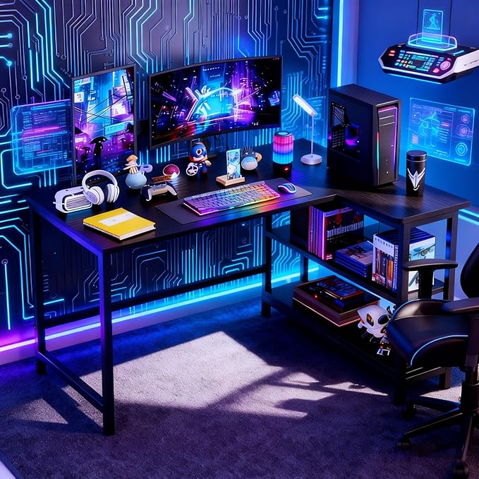 43Inch Corner Computer Desk, Gaming Desk with Reversible Storage Shelves Left/Right,Small L Shaped Desk with 2-Tier Shelves & Adjustable Feet Pad for Home Office Gaming (43 Inch)