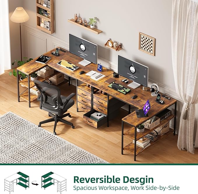 MUTUN L Shaped Computer Desk with 3 Drawers & Power Outlets, 47 Inch Corner Desk with Reversible Storage Shelves, PC Table for Home Office Bedroom (Rustic Brown, 47 Inch)