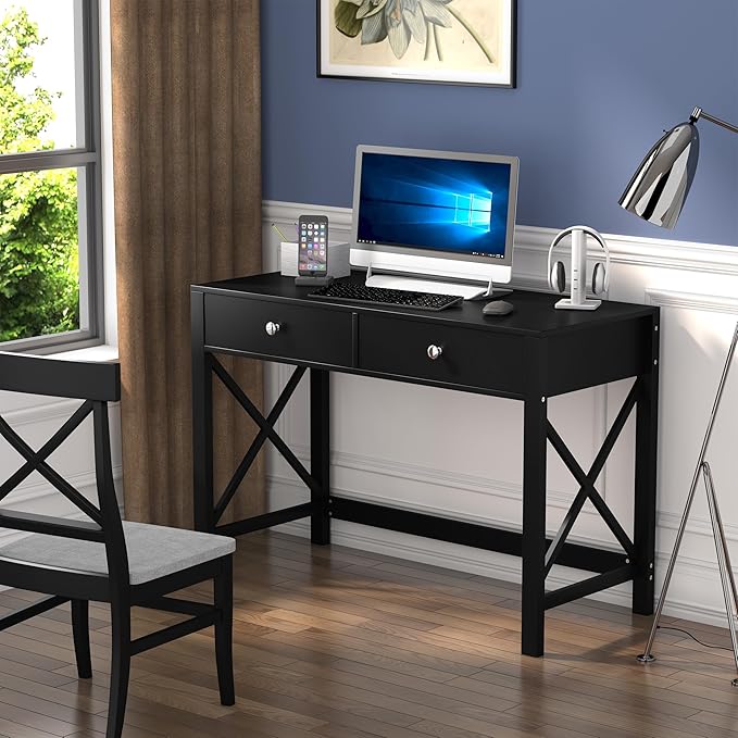 WiberWi Home Office Desk with Drawers, Black Modern Writing Computer Desk, Small Makeup Vanity Table for Bedroom, Study Table for Home Office