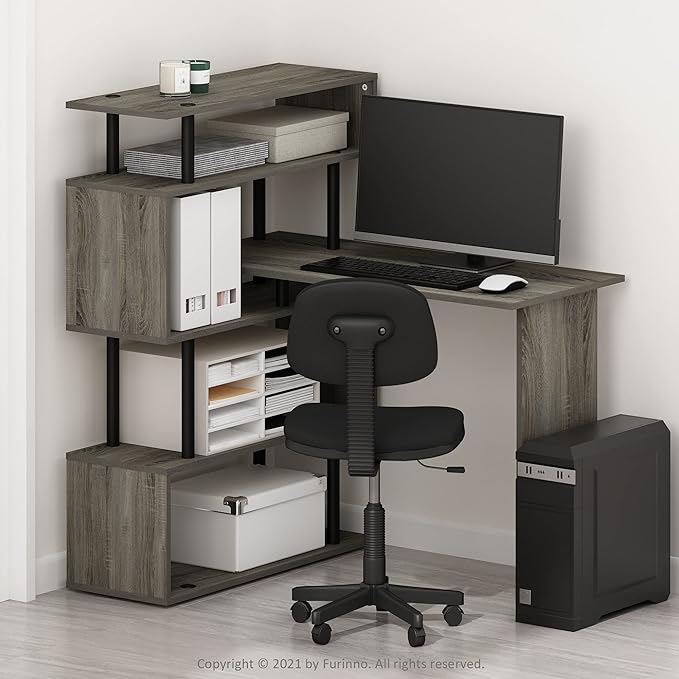 Furinno Classic Desk, 40" Wide L-Shape Gaming Desk, Computer Desk, Writing Desk with 5-Tier S-Shaped Side Shelves for Home Office, Study Room, Dorm, Bedroom, French Oak
