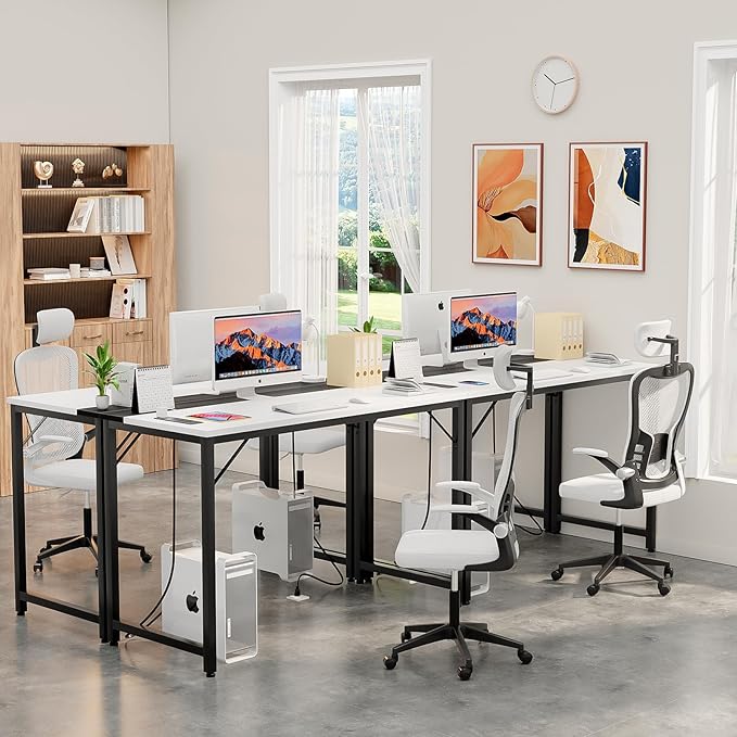55 Inch Computer Desks with Power Outlets and USB Charging Ports, Modern Office Desk for Small Spaces, Sturdy Laptop PC Gaming Writing Table for Students, White and Black