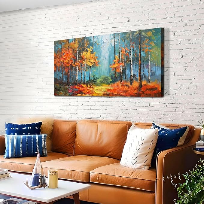 Arjun Nature Wall Art for Living Room, Landcape Canvas Forest Painting for Bedroom, Framed Textured Reddish Artwork Large Picture Dining Room Kitchen Home Office Wall Decor 40"x20"