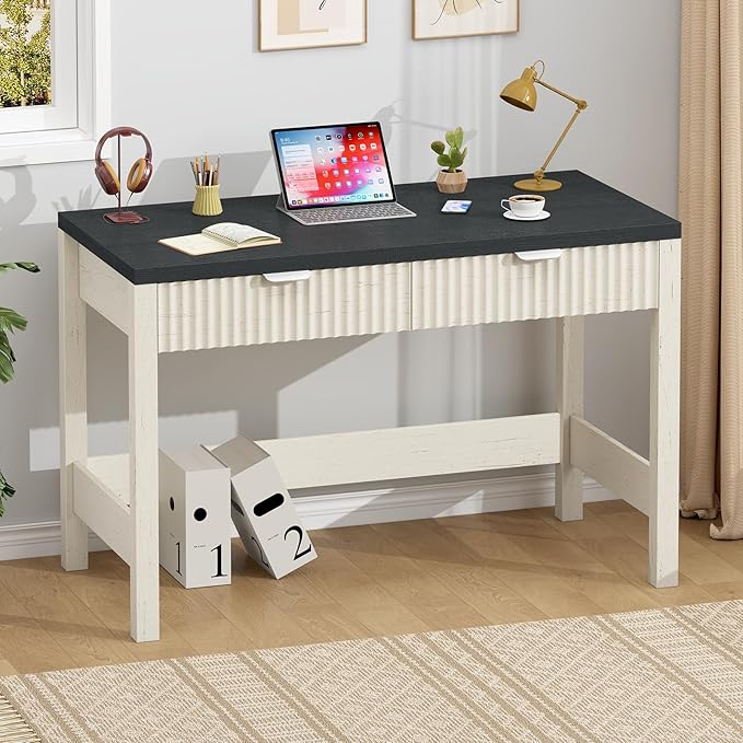 Fluted Computer Desk with 2 Drawers, 39 Inch Small Computer Desk with Storage, Compact Writing Study Desk for Small Spaces, Black and White