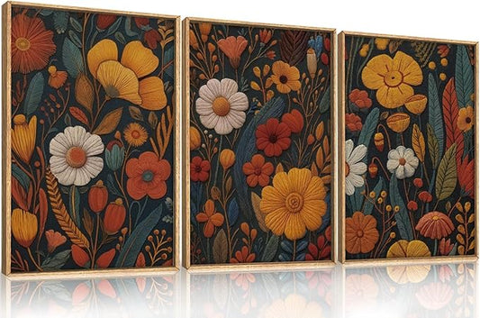 Boho Floral Framed Canvas Wall Art,Vintage Orange Flowers Wall Decor,Abstract Botanical Art Painting,Rustic Neutral Wildflower Artwork for Bedroom Living Room Office 16"x24"x3