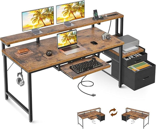 AODK Computer Desk with Drawers and Keyboard Tray, 63" Office Desk with Power Outlet, Reversible Study Work Desk with Printer Shelf and PC Stand for Home Office, Vintage