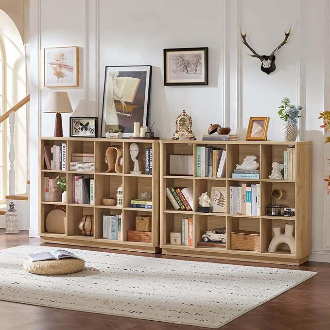 12 Cube Storage Organizer, 41" Large Bookshelf with Curved Edge, Wood Floor Standing 3-Tier Cubby Bookcase with Base, Rustic Display Storage Cabinet for Living Room, Home Office, Natural Oak