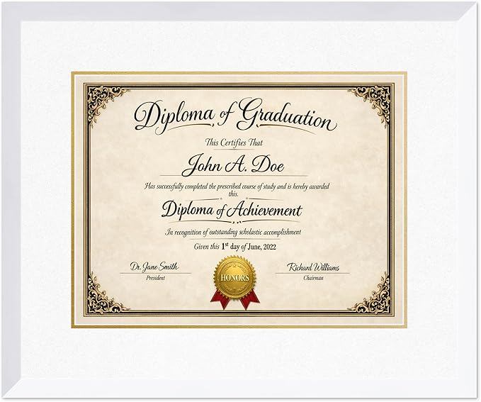 Diploma Frame Bright White with Oyster Shell Over Gold Double Mat - Fits 17 x 13 International Diploma Wall Display Made in the USA