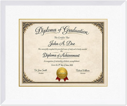 Diploma Frame Bright White with Oyster Shell Over Gold Double Mat - Fits 17 x 13 International Diploma Wall Display Made in the USA