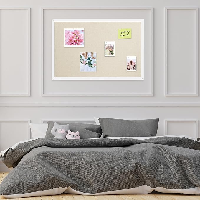11x14.5 Inch Cork Board for Wall Hanging with Linen, Bulletin Board with Push Pins, Mounted Memo Message Board for Home Office Decor, Dorm Room Essentials, Classroom Organization