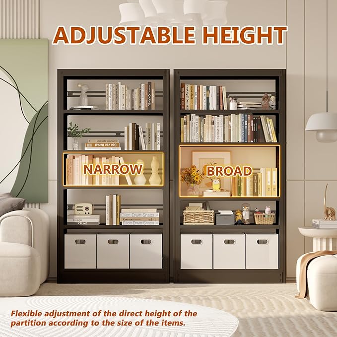 5-Tier Metal White Bookshelf, 71" Tall Library Bookshelf, White Bookshelf with Adjustable Storage Shelves, Modern Bookcase for Living Room, Library, Office, or Bedroom, Includes Book Stoppers (Black)