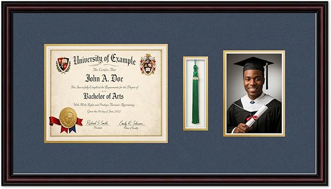 Diploma Tassel and Photo Shadowbox Fits 10 x 8 Professional License with Tassel Hoo Executive Brown Genuine Hardwood with Navy Blue Over Metallic Gold Double mat