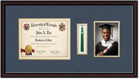 Diploma Tassel and Photo Shadowbox Fits 10 x 8 Professional License with Tassel Hoo Executive Brown Genuine Hardwood with Navy Blue Over Metallic Gold Double mat