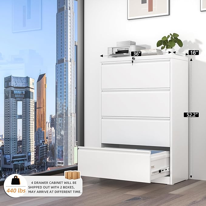INTERGREAT 4 Drawer Lateral File Cabinet,White Lateral Filing Cabinet with Lock, 36" W Metal Steel Horizontal File Cabinets for Home Office, Easy Assembled