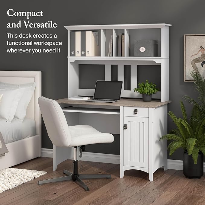 Bush Home Salinas Computer Desk with Hutch | Study Table with Drawers, Cabinets & Pullout Keyboard/Laptop Tray | Modern Home Office Desk in Pure White and Shiplap Gray | Work Desk with Storage