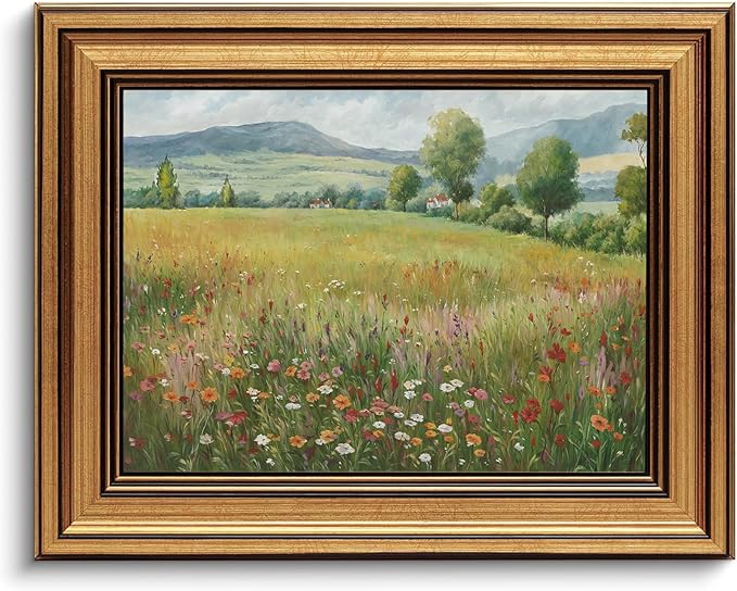 Gold Framed Wall Art Vintage Flower Canvas Wall Art Floral Countryside Landscape Wildflower Artwork Prints Picture for Living Room Bedroom Farmhouse Bathroom Office Decor, 8x10