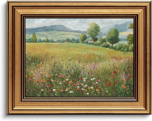 Gold Framed Wall Art Vintage Flower Canvas Wall Art Floral Countryside Landscape Wildflower Artwork Prints Picture for Living Room Bedroom Farmhouse Bathroom Office Decor, 8x10