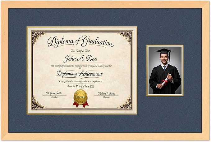 Diploma Frame With Photo Opening Natural Wood Navy Blue Over Gold Mat - Fits 15 x 12 Degree and Picture Made in the USA