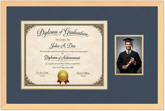 Diploma Frame With Photo Opening Natural Wood Navy Blue Over Gold Mat - Fits 15 x 12 Degree and Picture Made in the USA