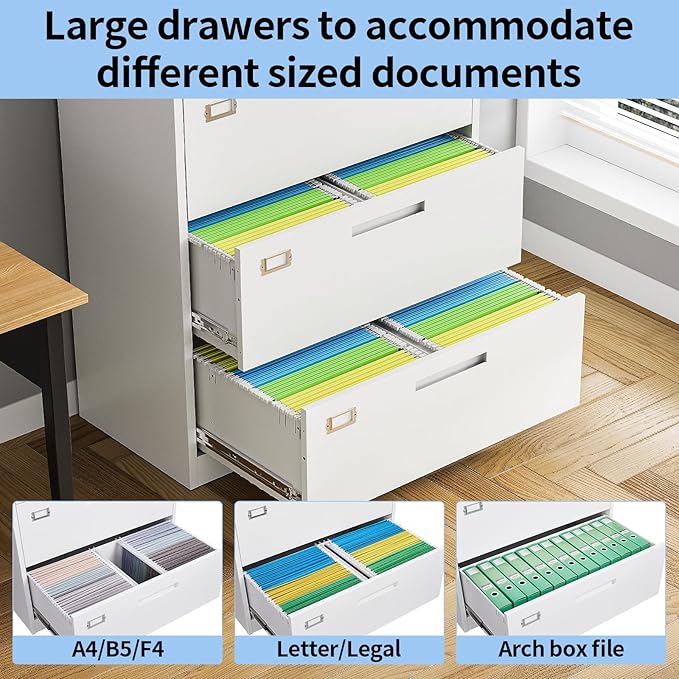 3 Drawer Lateral File Cabinet with Lock, Metal Filing Cabinets for Home Office, Wide Locking File Caninets, White Office Storage Cabnet for Hanging Letter/Legal / A4 / F4 - Assembly Required