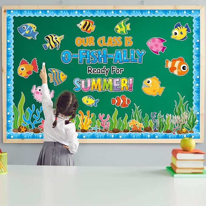 Summer Ocean Sea Bulletin Board Decorations O-Fish-Ally Ready for Summer Theme Classroom Back to School Bulletin Board Border Set Tropical Marine Fish Paper Cutouts for School Home Decor